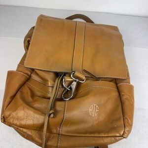 PFE Tan Leather Backpack Drawstring Flap Snap Contrast Stitch Cognac Brown